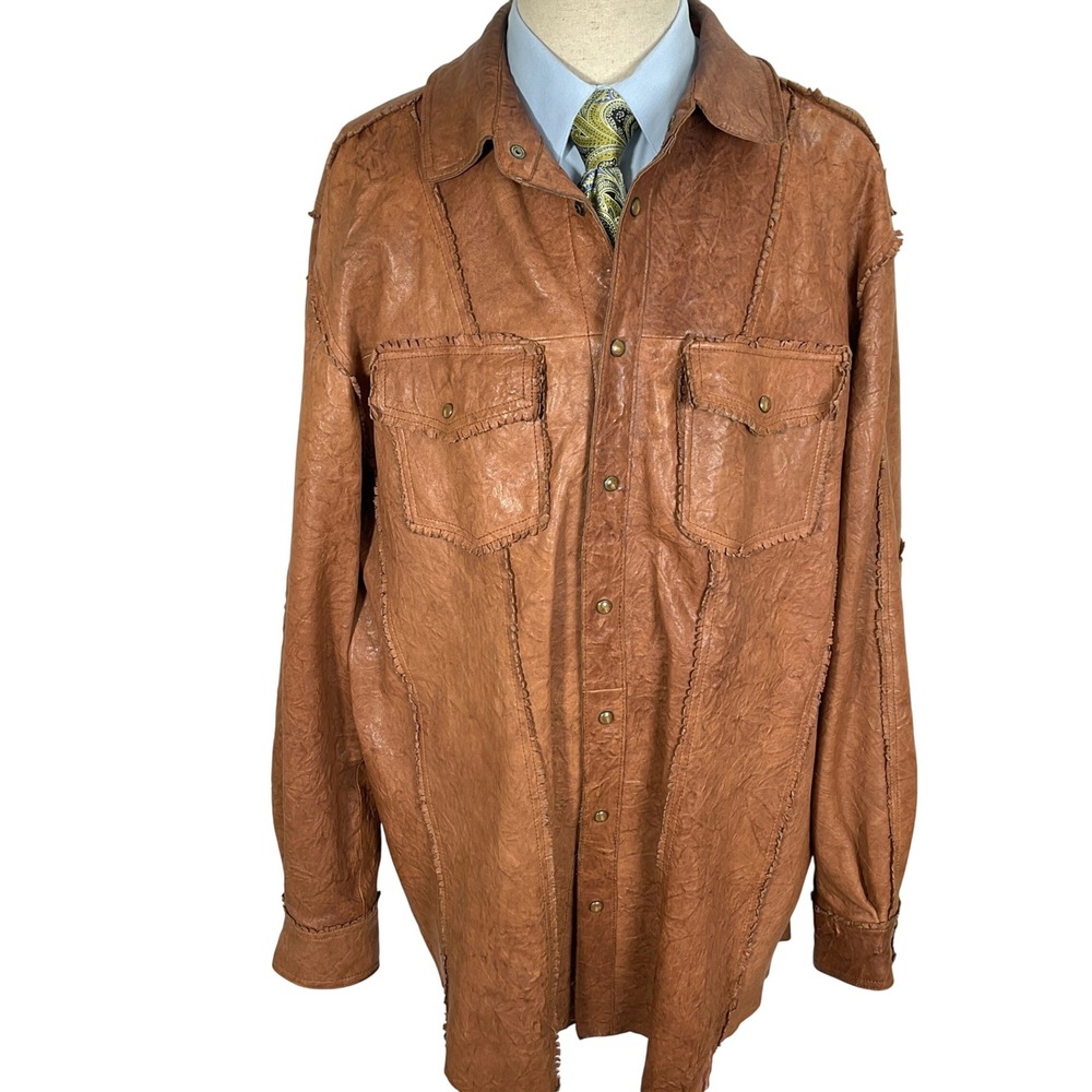 Murano Sport Jacket Men 2XT Brown Leather Fringe Snap Shacket Western Cowboy